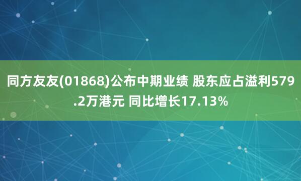 同方友友(01868)公布中期业绩 股东应占溢利579.2万港元 同比增长17.13%